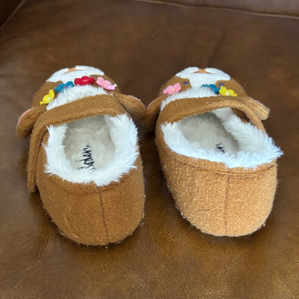 Mini Boden Brown Plush Animal Mary Janes with Colorful Flower Accents - Picture 6 of 7